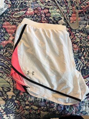 Under Armour White Athletic Shorts with Pink Accent and Black Trim